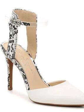 Jessica Simpson White Pointed-Toe Pumps with Snake-Print Ankle Strap